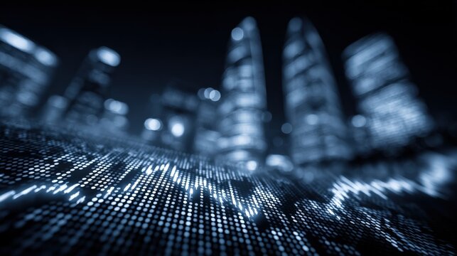 Abstract Digital Data Flowing with Cityscape Background, Representing Modern Technology and Urban Connectivity