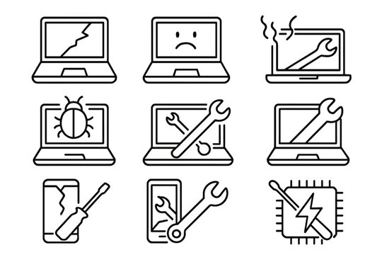 Set of broken device and laptop repair line icons, cracked screens, bug detection, wrench tool, smartphone and microchip repair symbols, technology maintenance, digital device troubleshooting vector