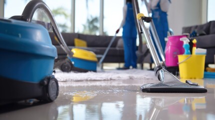 Professional Cleaning Team Using Vacuum Cleaners to Deep Clean a Modern Living Room Interior