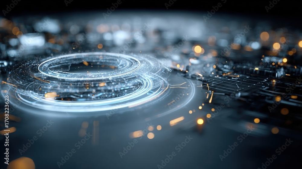 Poster abstract futuristic technology background with glowing blue circles and bokeh lights for innovation 
