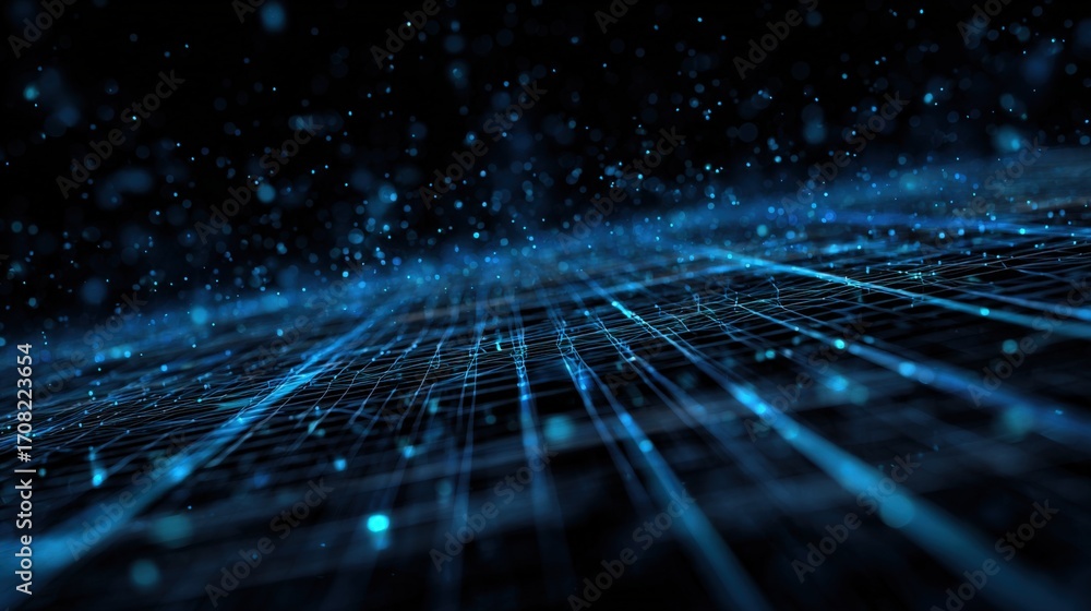 Poster futuristic blue grid with particle effects: abstract technology background for innovation and digita