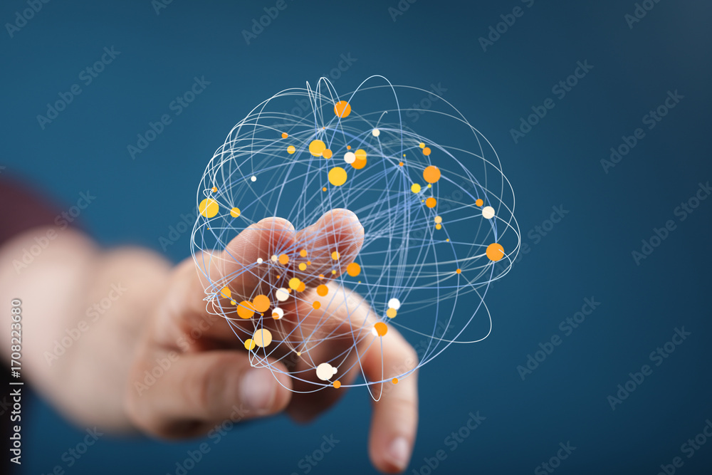 Poster hand interacts with a digital sphere, visualizing global connections and network data.