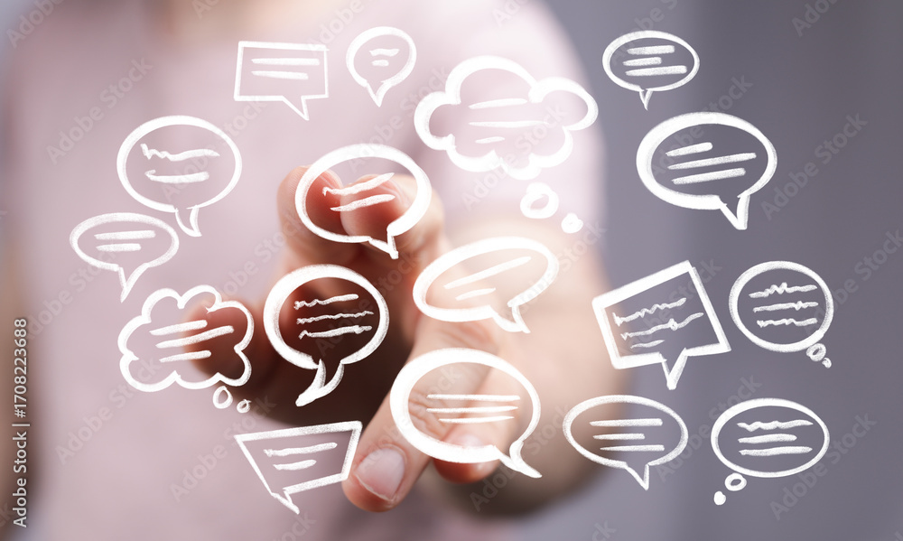 Poster hand interacting with diverse speech bubbles,concepts of communication, dialogue, and networking.