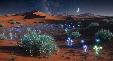 Enchanted Desert Oasis Glowing Flora Under a Crescent Moon