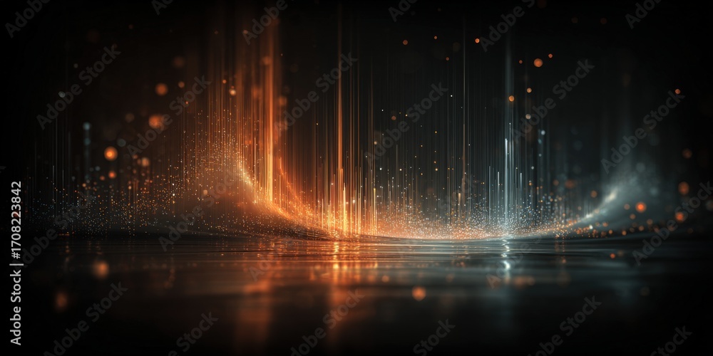 Poster abstract data stream visualization with glowing particles on reflective surface, futuristic technolo