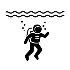 Black and white vector of astronaut practicing underwater in zero-gravity simulation, representing space mission training and preparation for EVAs.
