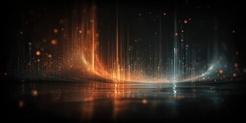 Abstract Data Stream Visualization with Glowing Particles on Reflective Surface, Futuristic Technology Background