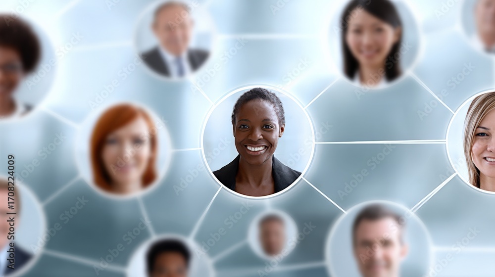 Poster diverse business network connecting people globally through technology and communication platforms f