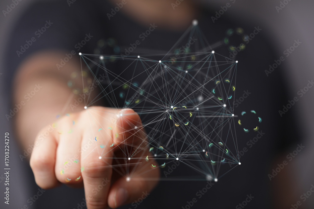Poster abstract image of a hand interacting with a digital network, representing global connectivity and da