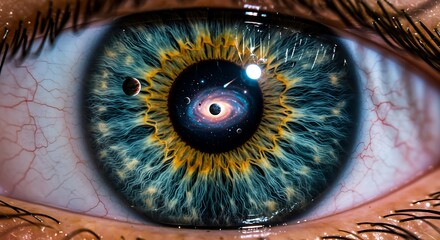 A close up of an eye with a galaxy and planets reflected in the iris and visible blood vessels