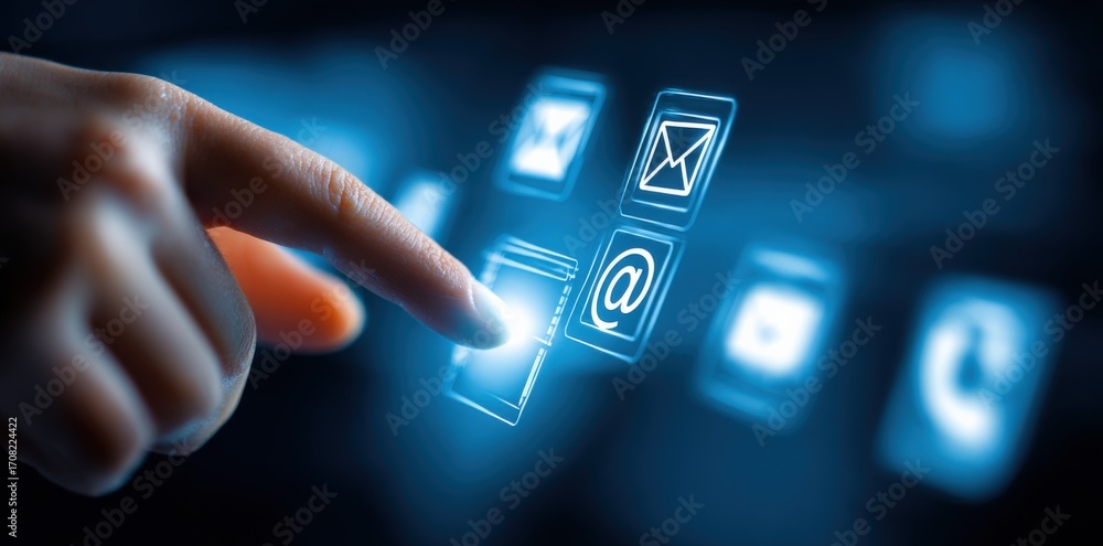 Poster interactive communication: finger touching digital interface screen with email, contacts, and messag