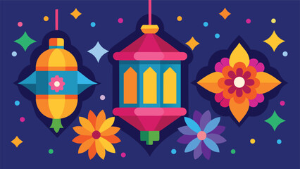 Fototapeta premium Vibrant islamic lanterns and geometric ornaments vector illustration festive eid decorations
