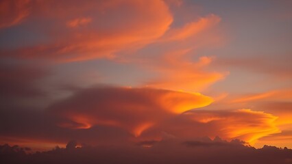 Dramatic sunrise with gradient orange and purple clouds, creating a panoramic abstract sky view.