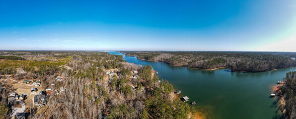 Aerial landscape Clarks Hill Lake in winter after Hurricane Helene in Appling Augusta Georgia