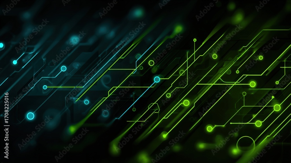 Poster abstract technology background with interconnected circuitry: futuristic network design in green and