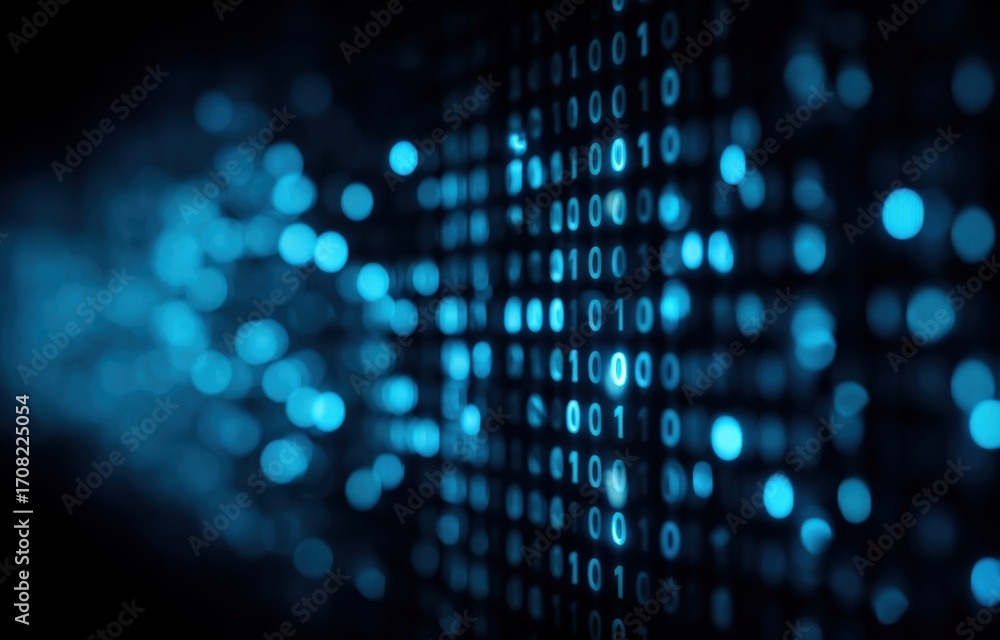Poster digital binary code background with glowing blue digits for technology and innovation concepts