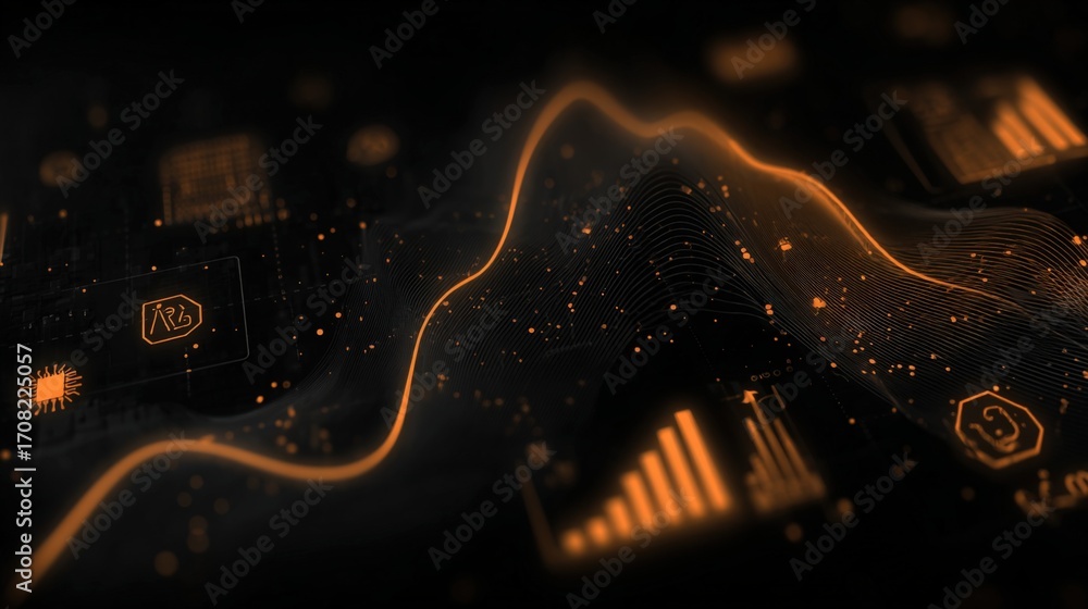 Poster futuristic digital interface with glowing charts, graphs, and data visualizations on a dark backgrou