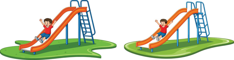Naklejka premium Vector illustration of happy child sliding on playground slide, kids outdoor activity, fun, joy, childhood entertainment, recreation, amusement, park play, happiness