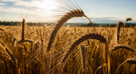 Golden wheat field swaying in sunlight with ripe ears ready for harvest.