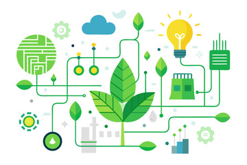 Fototapeta premium Vibrant green energy ecosystem concept with leaves, lightbulb, and factory connections for sustainability