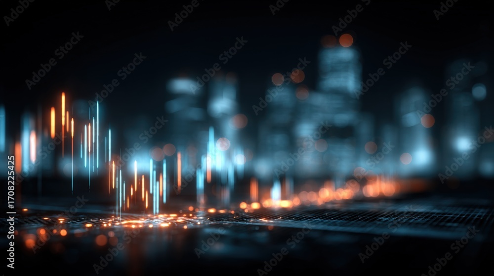 Poster futuristic cityscape visualization with data charts and glowing lights for modern technology concept