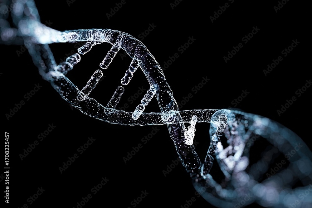 Aufkleber abstract dna structure visualization on black backdrop, representing genetic code, heredity and scie
