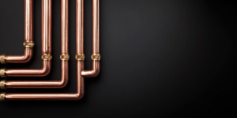 Copper plumbing pipes arranged artistically on a dark background, suitable for construction, engineering, or industrial design projects