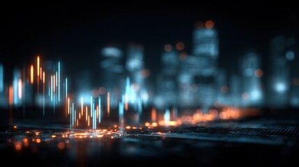 Futuristic Cityscape Visualization with Data Charts and Glowing Lights for Modern Technology Concepts