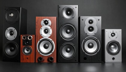 A lineup of modern speakers showcasing different sizes and finishes, perfect for audio enthusiasts and home theater setups.