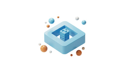 A clean 3D render depicts a blue cube nestled within a light blue square frame, surrounded by various colorful floating spheres, illustrating abstract digital concepts.