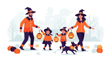 Spooktacular Family Outing on Halloween: A cartoonish, idyllic scene of a family in Halloween costume, carrying lanterns, strolling through a whimsical pumpkin-scattered landscape.