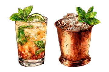 Mint Julep cocktail transparent PNG set bundle, isolated background