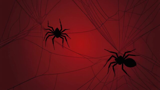 High resolution macro video of creepy spider webs with a black spider crawling slowly across fine threads set on a deep red background with moody lighting vivid detail and minimal spooky style perfect