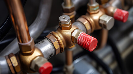  close-up of brass plumbing valves with red handles connected to copper and steel pipes, used in heating, water supply, or industrial systems, symbolizing maintenance, engineering, and technology.