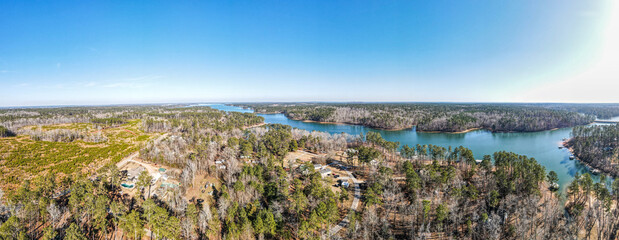 Aerial landscape Clarks Hill Lake in winter after Hurricane Helene in Appling Augusta Georgia