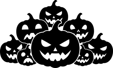 A spooky collection of menacing Jack-o'-lantern silhouettes, featuring evil grins and scary faces for a Halloween celebration vector graphic