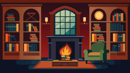 Cozy victorian library with fireplace and books vector illustration for interior design