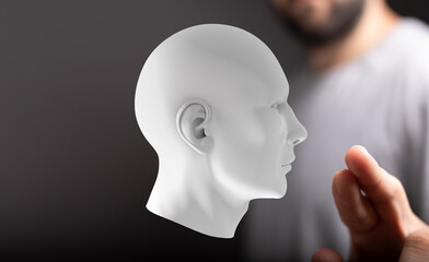 3D model of a human head, representing AI, technology, future, innovation, digital transformation.