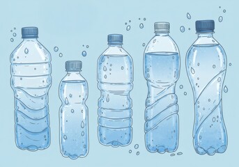 Five water bottles on a light blue background. Suitable for hydration, health, fitness, and beveragethemed content.