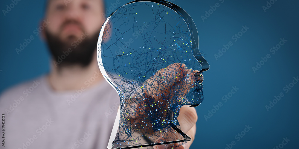 Poster abstract image of a man interacting with a digital brain hologram. concept of ai, technology, and hu