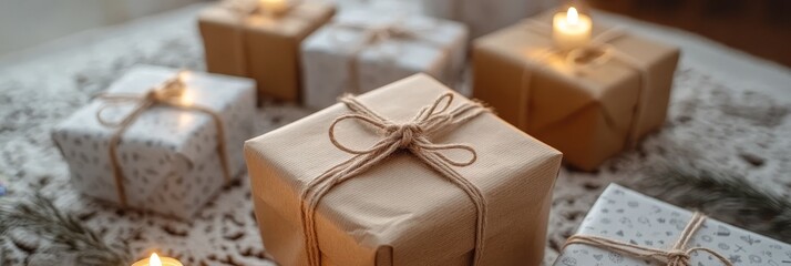 Eco-Friendly Holiday Cheer Rustic Presents Wrapped in Natural Paper with Twine and Soft Lights