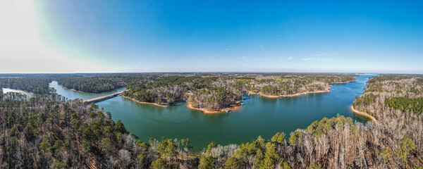 Aerial landscape Clarks Hill Lake in winter after Hurricane Helene in Appling Augusta Georgia