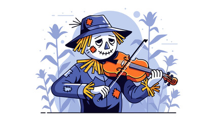 Melancholy of Scarecrow: A whimsical depiction of a scarecrow, seemingly lost in thought, playing the violin amidst the backdrop of a vibrant field, capturing the poignant essence of art and life