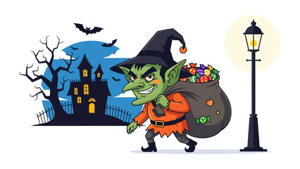 Halloween Goblin's Nightly Haul: A mischievous goblin, cloaked in a festive hat and costume, stealthily makes off with a generous sack of treats under the cover of night.