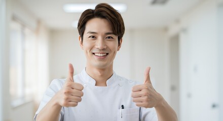 Smiling male healthcare professional in uniform giving double thumbs up, expressing approval and success in a medical environment.