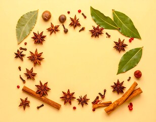 Circle frame of various spices and leaves on pastel yellow background