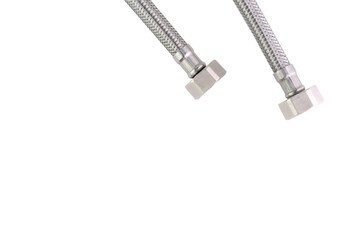 Metal hoses with fittings ready for plumbing installation on white background