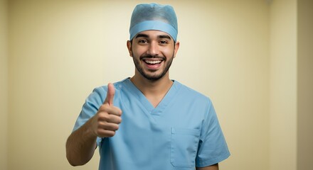 Smiling young male healthcare professional in scrubs and cap giving a positive thumbs up, symbolizing approval and good health