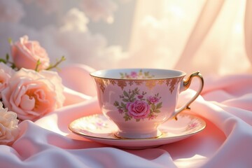 Fototapeta premium Elegant Pink Rose Teacup and Saucer with Soft Sunlight