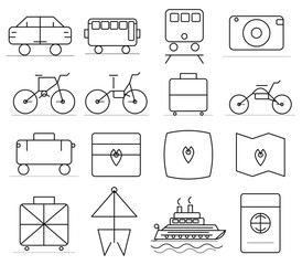 Transportation Travel Icons Set – Car, Bus, Train, Bicycle, Luggage, Passport, Ship, Map